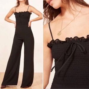 Reformation Pompano Jumpsuit Black Smocked Wide Leg Size 2